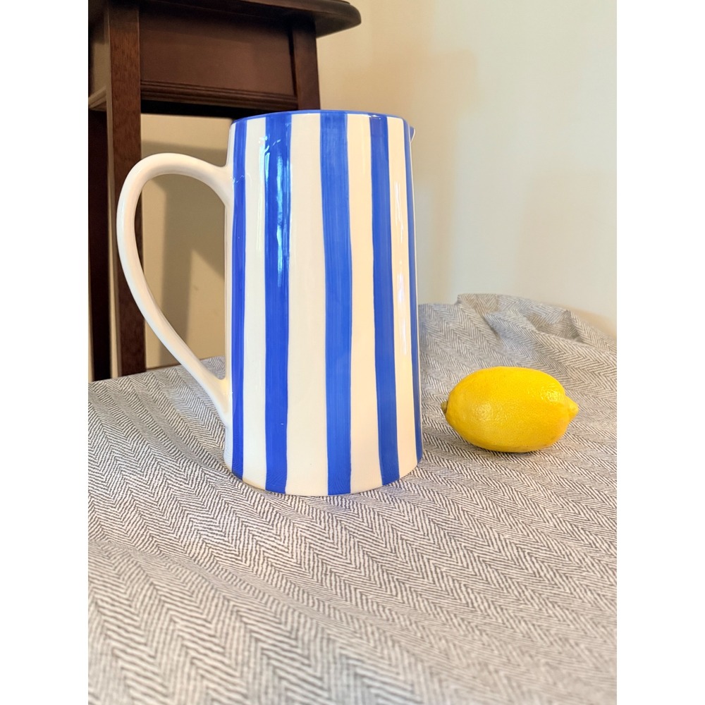 NWT Egyptian Royal Blue & White Striped Ceramic Pitcher with Handle